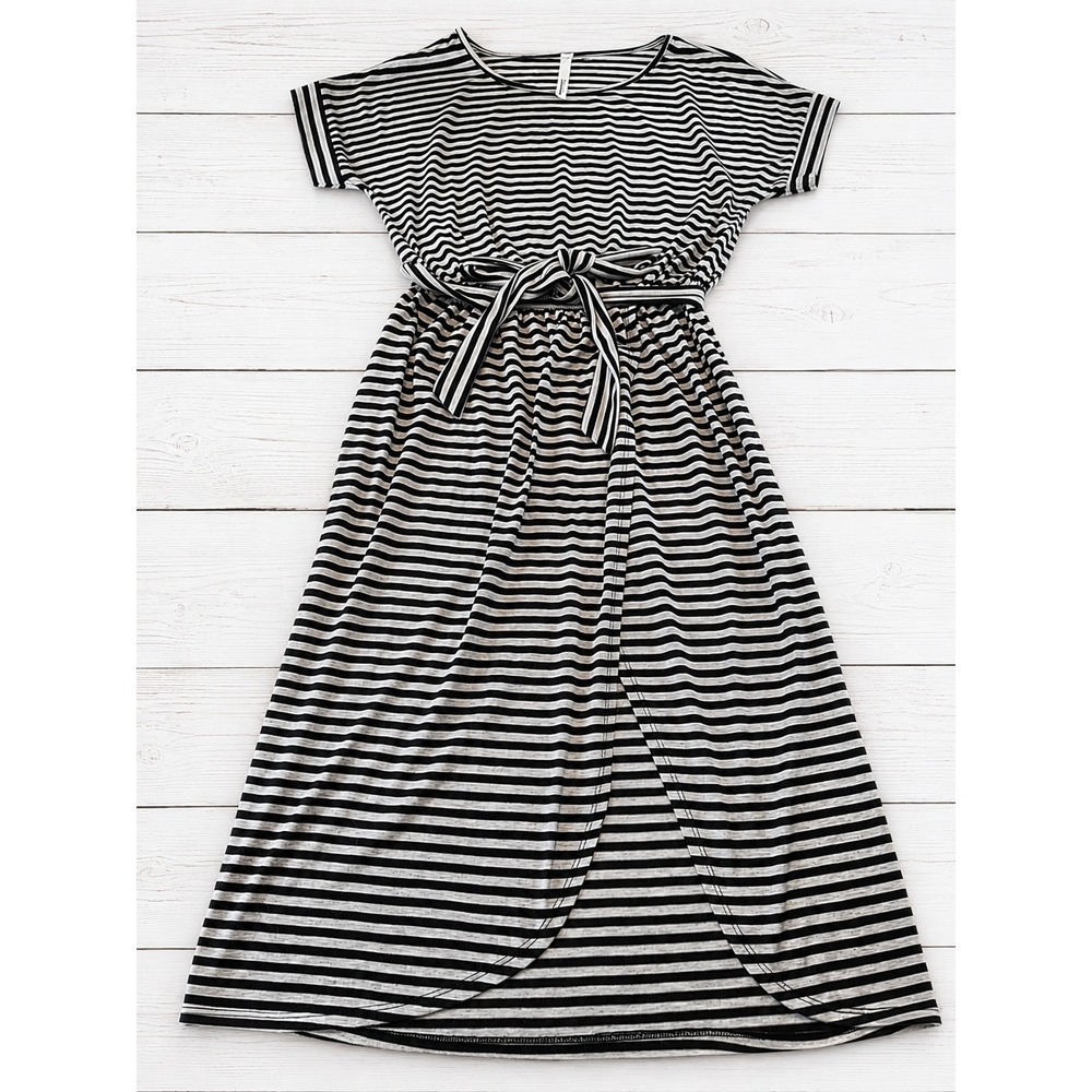 NY Collection Women Black Gray Striped Tie Waist Tulip Hem Maxi Dress Small 3756